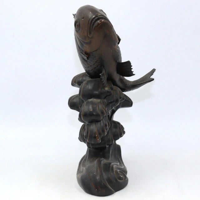 Meiji Early 1900s Japanese Bronze Fish Carp Sea Bream Koi Waves Sea on