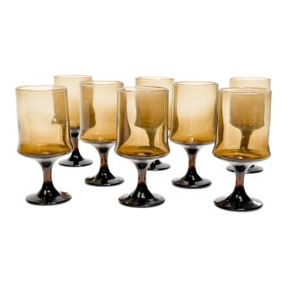 Vintage Mid Century Libbey Tawny Stemmed Iced Tea Glasses in Smoke Brown - Set of 8 For Sale