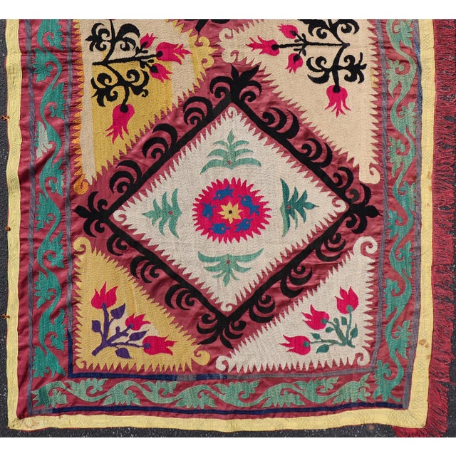 Antique Uzbekistan Suzani Textile With Colorful Geometric Medallion Design For Sale - Image 4 of 15