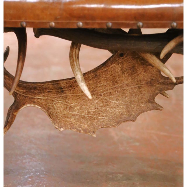 Early 20th Century Austrian Black Forest Antler Lodge Bench With Leather Seat For Sale - Image 11 of 14