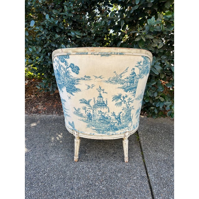 19th Century French Bergere Chair in Blue and White English Toile For Sale - Image 10 of 10