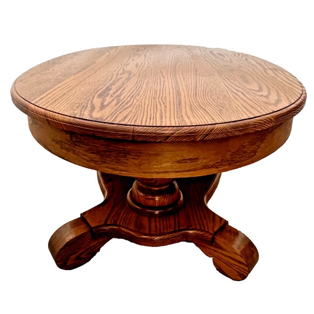 1970s Oval Coffee Table Tiger Oak, Center Drawer, Shelf, Empire Style, Made by Heirloom Enterprises Inc. For Sale - Image 5 of 12