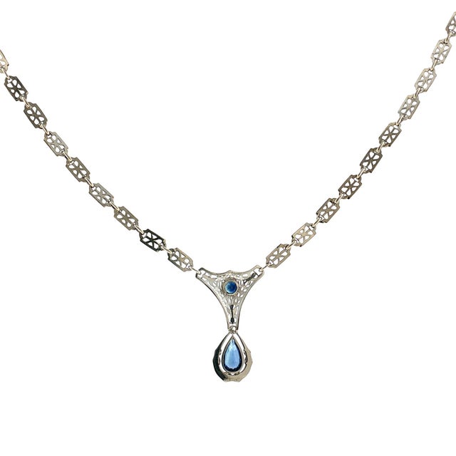 Early 20th Century Edwardian Platinum and 14k White Gold Sapphire Necklace For Sale - Image 4 of 6