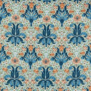 Morris & Co Spring Thicket Fabric in Paradise Blue/Peach