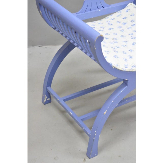 Wood Vintage Hollywood Regency Italian Style Blue Curule X-Frame Arm Chair - A Pair For Sale - Image 7 of 15
