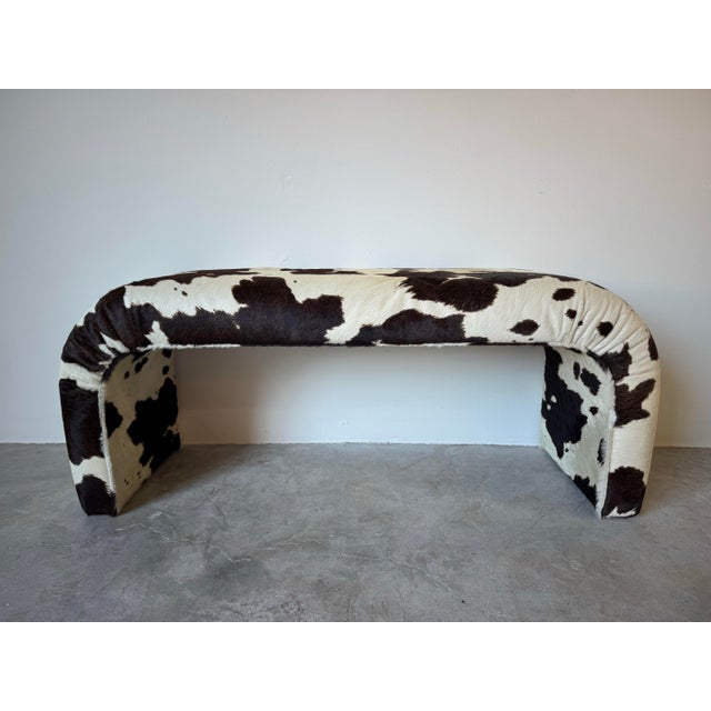 Wood Vintage Cowhide Upholstered Waterfall Bench For Sale - Image 7 of 11