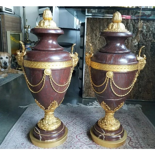 20th Century French Rouge Marble Bronze Ormolu Urns - a Pair For Sale - Image 13 of 13