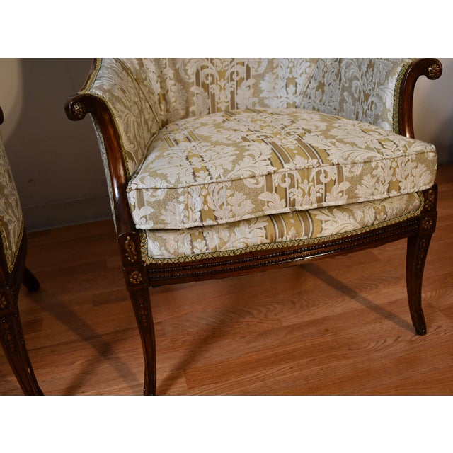 1930 Pair French Carved Mahogany High-Back Living Room Chairs / Spring-Seat For Sale - Image 12 of 18