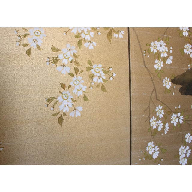 1950-1960s Shōwa Era Japanese Painted Silk Byobu Screen "Blossoming Sakura" For Sale - Image 13 of 18