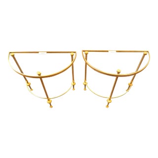 Pair of Mid 20th Century French Gilt Brass Demi-Lune Console Tables With Glass Tops For Sale