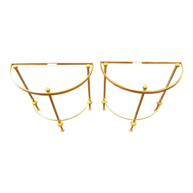 Pair of Mid 20th Century French Gilt Brass Demi-Lune Console Tables With Glass Tops For Sale