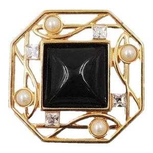 Vintage 1980s Signed Monet Deco Style Goldtone Faux-Onyx & Pearl Brooch