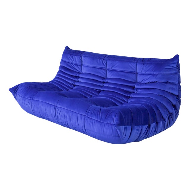 Togo Three-Seat Sofa in Blue Velvet by Michel Ducaroy for Ligne Roset For Sale