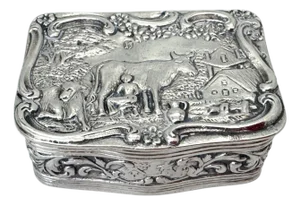 Early 19th Century German 13 Loth Silver Repoussé Landscape Box, Hanau, C. 1820