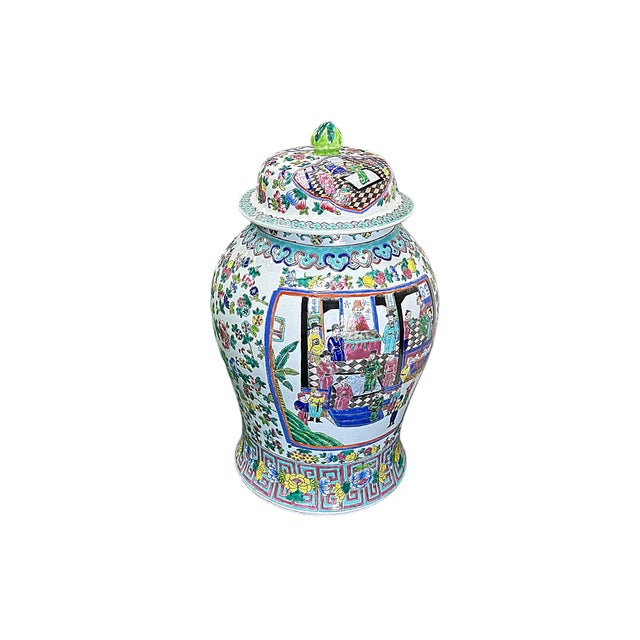 1970s Chinese Large Famille Rose Color Graphic Porcelain General Temple Jar For Sale - Image 5 of 9