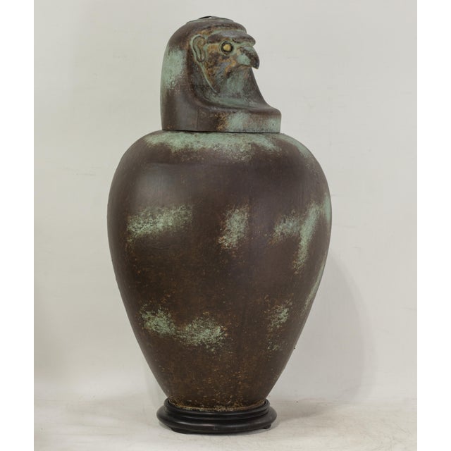 A Pair of Exquisite Vintage Hand-Forged Tin Canopy Jars Duamutf (Jackal) and Kebekhsenuf (Falcon) For Sale - Image 4 of 15