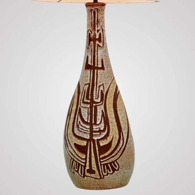 Accolay Ceramic Lamp with Brown Decoration on Background of Crisp Yellow and Cream Glaze, France, 1960s, in Very Good...
