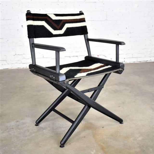 Mid-Century Modern Vintage Needlepoint Director’s Chair Folding Black Brown White Geometric For Sale - Image 3 of 13