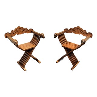 Pair of Italian Mid Century Savonarola Lion Head Wood Folding Chairs For Sale