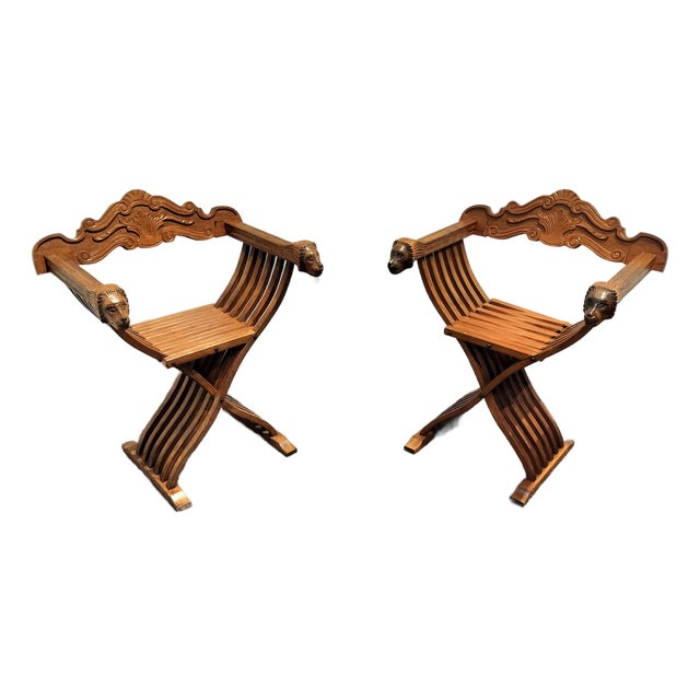 Pair of Italian Mid Century Savonarola Lion Head Wood Folding Chairs For Sale