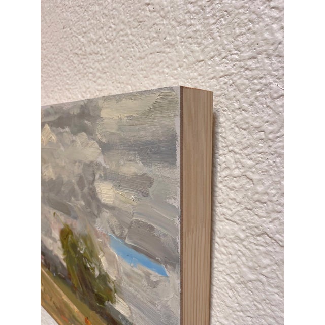 Contemporary On a Plain by Clyde Steadman | Oil Painting of a rural landscape with clouds and vehicles For Sale - Image 3 of 3