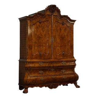 Antique Dutch Louis XV Style Burr Walnut Bombay Linen Press Cabinet, 1750 For Sale