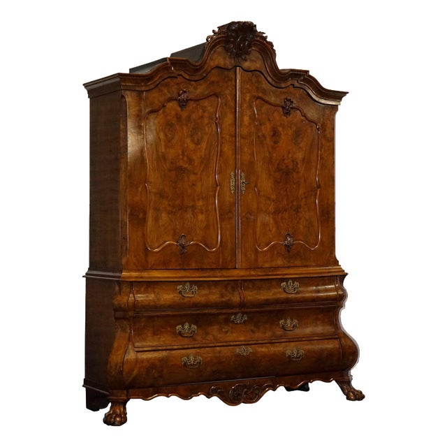 Antique Dutch Louis XV Style Burr Walnut Bombay Linen Press Cabinet, 1750 For Sale