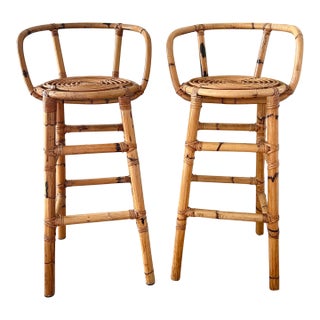 1980s Mid Century Modern Circular Burnt Bamboo Stools a Pair For Sale