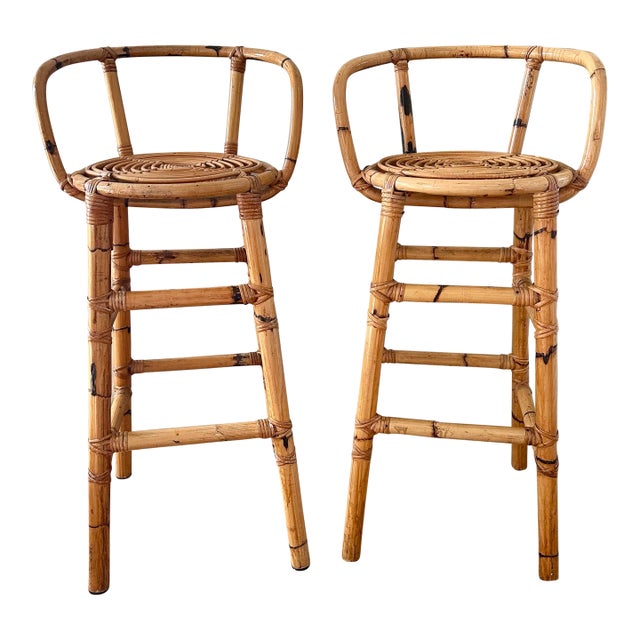 1980s Mid Century Modern Circular Burnt Bamboo Stools a Pair For Sale