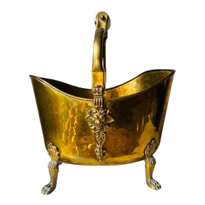 Vintage Brass Bucket With Ceramic Handle Lion Head Claw Feet