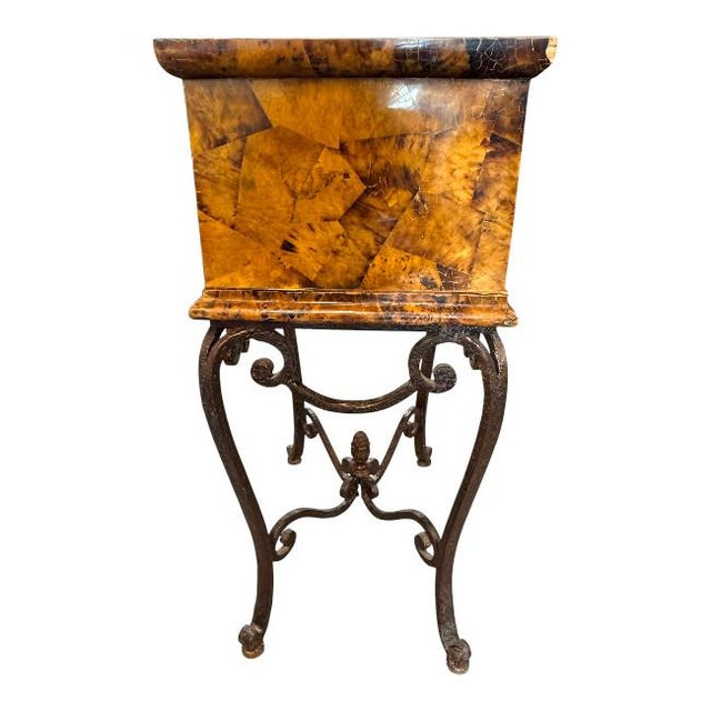 Mid 20th Century Vintage Tessellated Burl Wood Table on Wrought Iron Base For Sale - Image 5 of 8