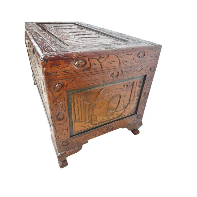 Vintage Asian Carved Wood Storage Chest With Figural Relief Panels For Sale - Image 13 of 18