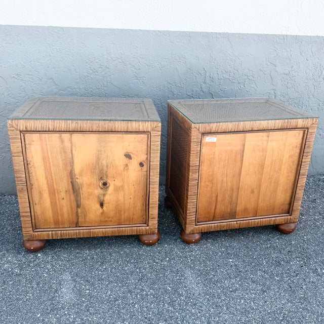 Boho Chic Wicker Glass Top Nightstands - A Pair For Sale In West Palm - Image 6 of 9