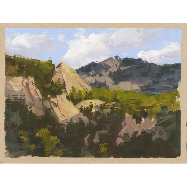 This gouache painting captures the rugged beauty of Horsetooth Rock in Colorado, showcasing a harmonious interplay of...