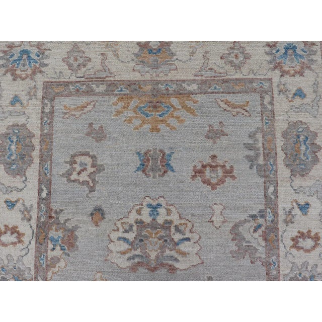 Floral Modern Oushak With Muted Gray Background and Cream Border For Sale - Image 4 of 13