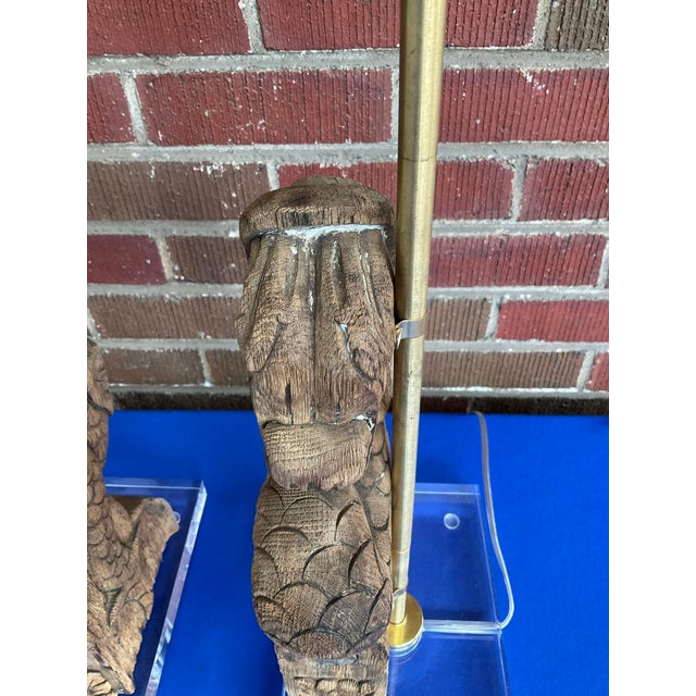 Pair Antique French Dolphin Architectural Fragment Lamps W/Lucite Bases For Sale - Image 6 of 9