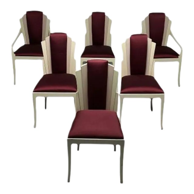Vladimir Kagan Mid-Century Modern, Six Eva Dining Chairs, Lacquer, Maroon Fabric For Sale