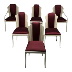Vladimir Kagan Mid-Century Modern, Six Eva Dining Chairs, Lacquer, Maroon Fabric