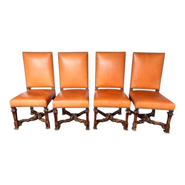 French Renaissance Revival Leather Dining Side Chairs - Set of 4 For Sale