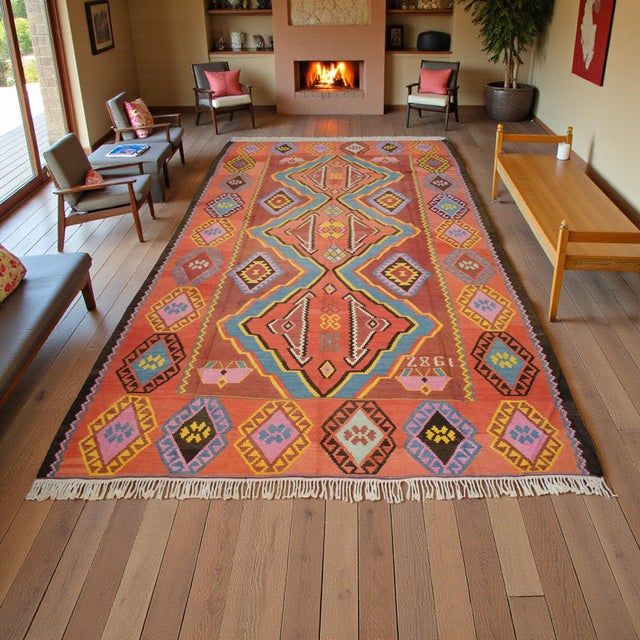 Tribal 1980s Vintage Handwoven Turkish Kilim Rug Large Living Room Decor- 6′10″ X 12′8″ For Sale - Image 3 of 14