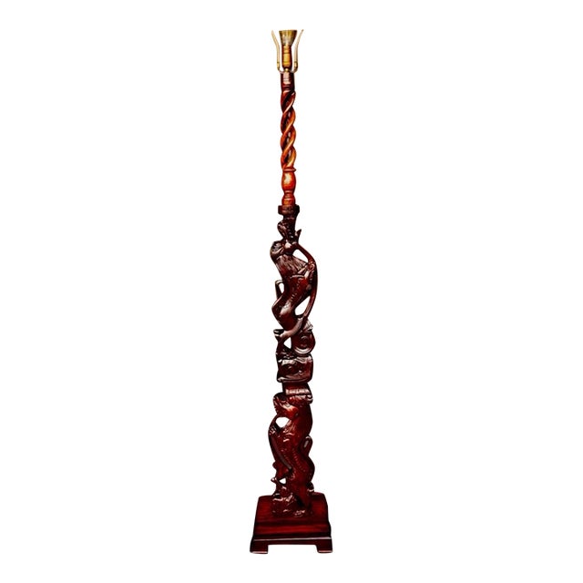 Vintage Chinoiserie Intricately Hand Carved Double Foo Dog Floor Lamp With Helix Top Section Floor Lamp For Sale