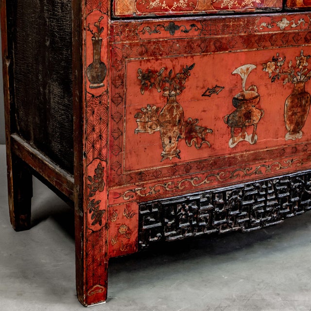 Ruby Red Painted Antique Chinese Two Door Lacquered Cabinet From the Early 19th Century. For Sale - Image 8 of 9