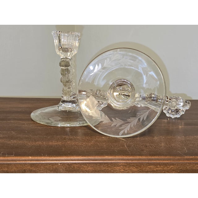 Glass Vintage Pressed‑Glass Candlesticks With Etched Leaf Bases — Pair For Sale - Image 7 of 12