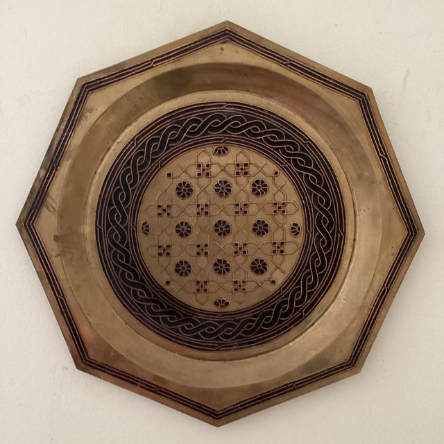 Vintage Middle Eastern Style Solid Brass Engraving Enamel Hexagonal Tray For Sale - Image 10 of 12