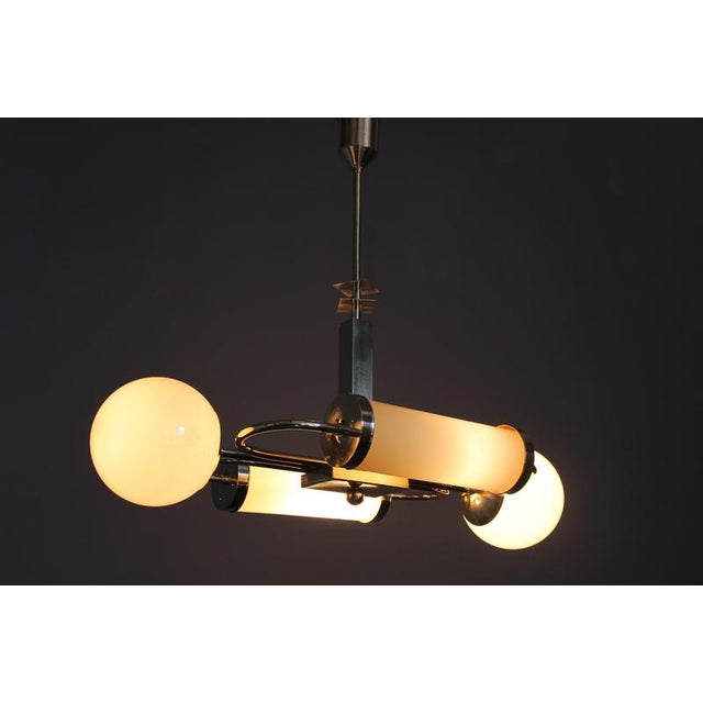 Czech Art Deco Brass Chandelier with Globe and Opaline Shades, 1930s For Sale - Image 18 of 18