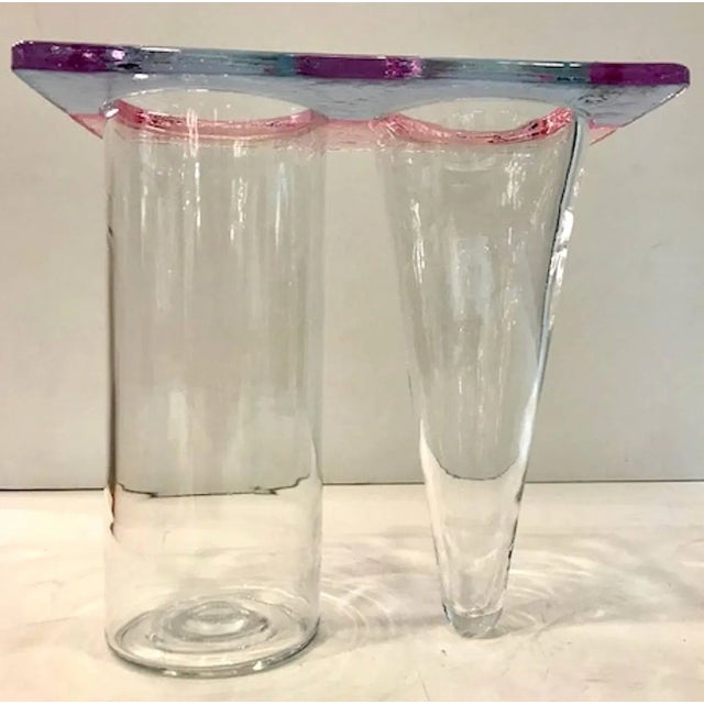 A Leucos, 1980s, light blue, pink and clear glass column and cone double vase in the Menphis style.