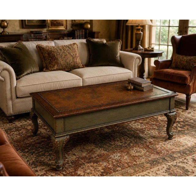 Vintage Grand Tour Map Coffee Table in Weathered Old World Olive and Antiqued Walnut Richly layered and full of European...