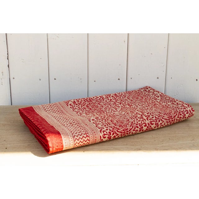 Red Carnation Block Print Cotton Indian Blanket For Sale - Image 10 of 10