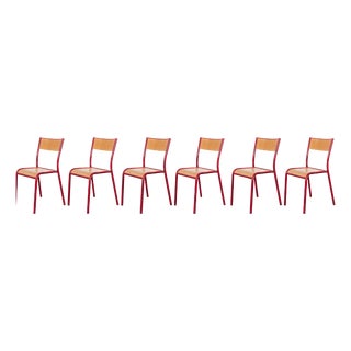 Red Stacking Dining Chairs with Beech Seat from Mullca, 1970s, Set of 6 For Sale