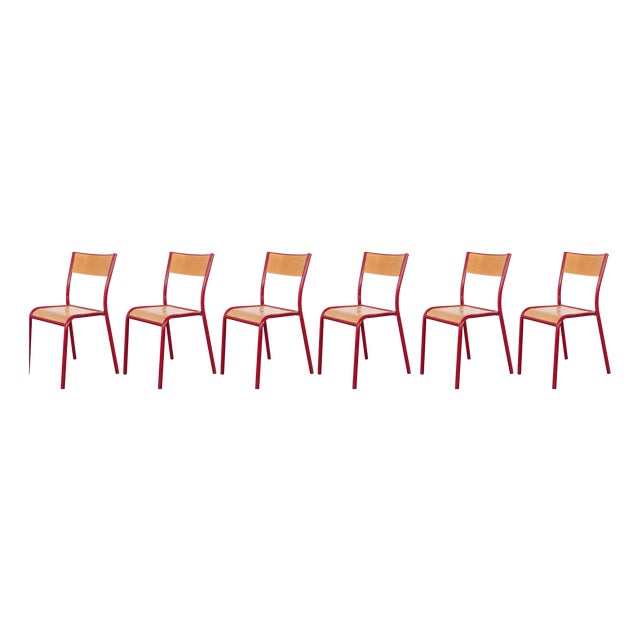 Red Stacking Dining Chairs with Beech Seat from Mullca, 1970s, Set of 6 For Sale